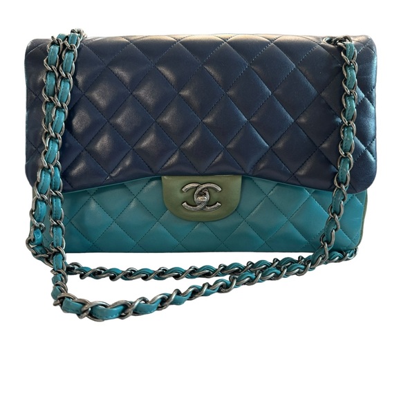 CHANEL Handbags - CHANEL Lambskin Quilted Tri-Color Jumbo Double Flap Navy Blue Green
